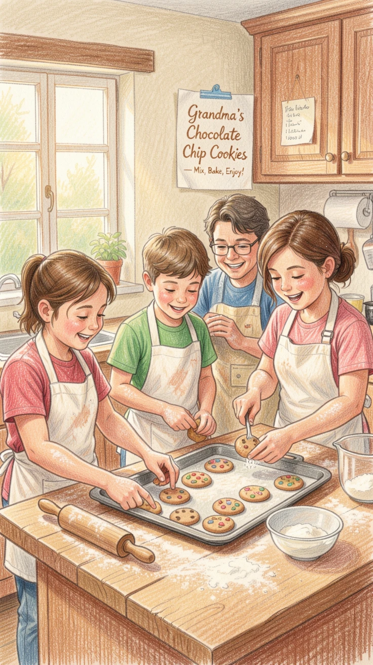A family baking cookies together in a warm, flour-dusted kitchen, surrounded by a cozy, loving home environment, celebrating the simple magic of everyday family moments.