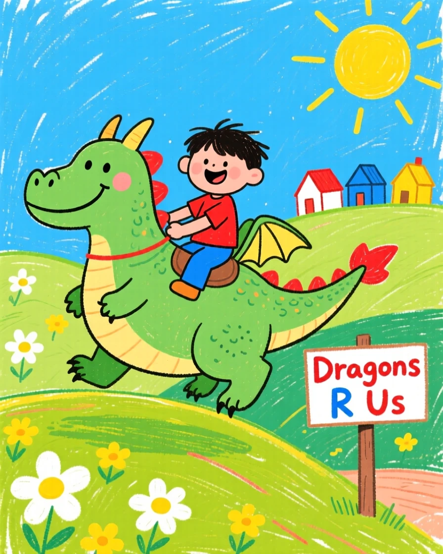 A friendly dragon giving a village child a ride over rolling hills.