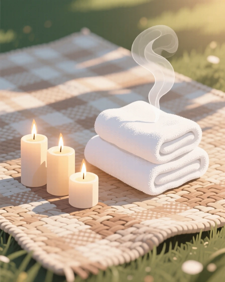 A wellness spa setting with candles and folded towels, placed on a woven picnic blanket outdoors, framed closely to highlight comforting small details, with subtle steam rising to add a warm, lived-in feel.