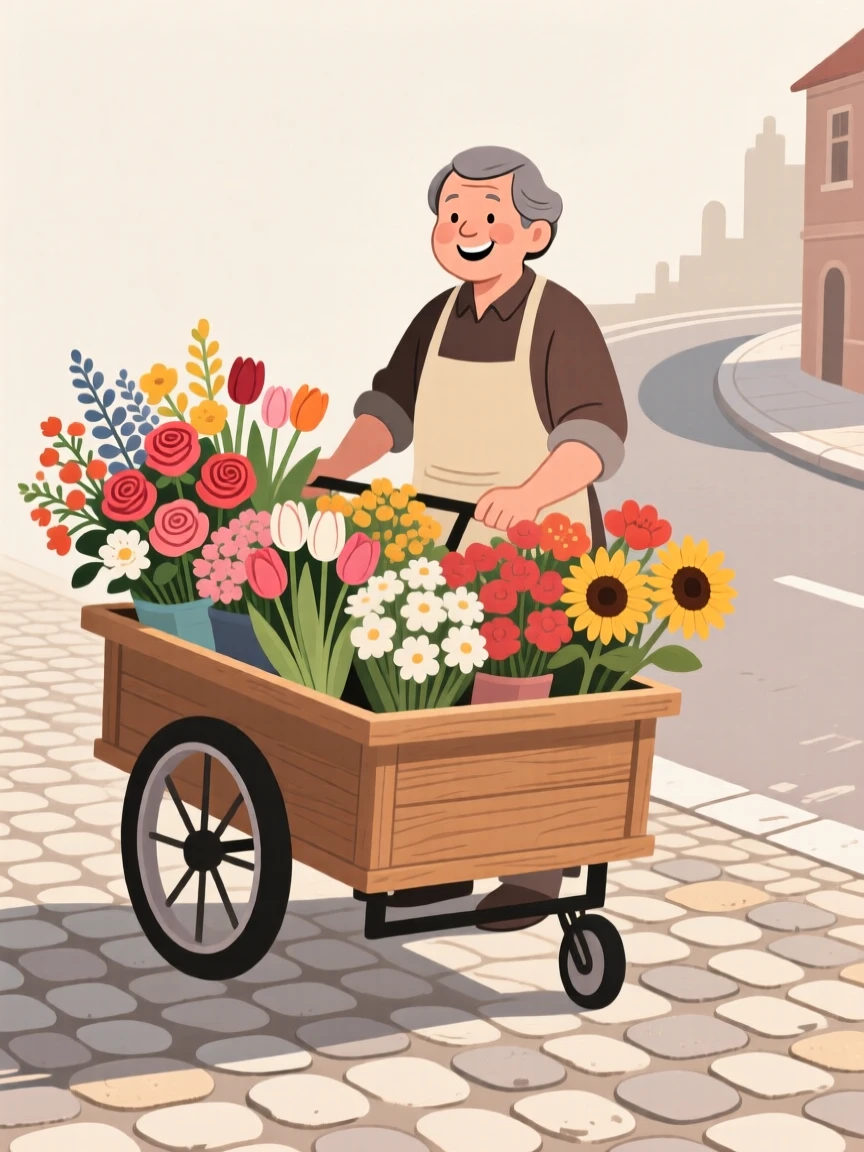 A vendor selling fresh flowers from a cart on a cobblestone street.