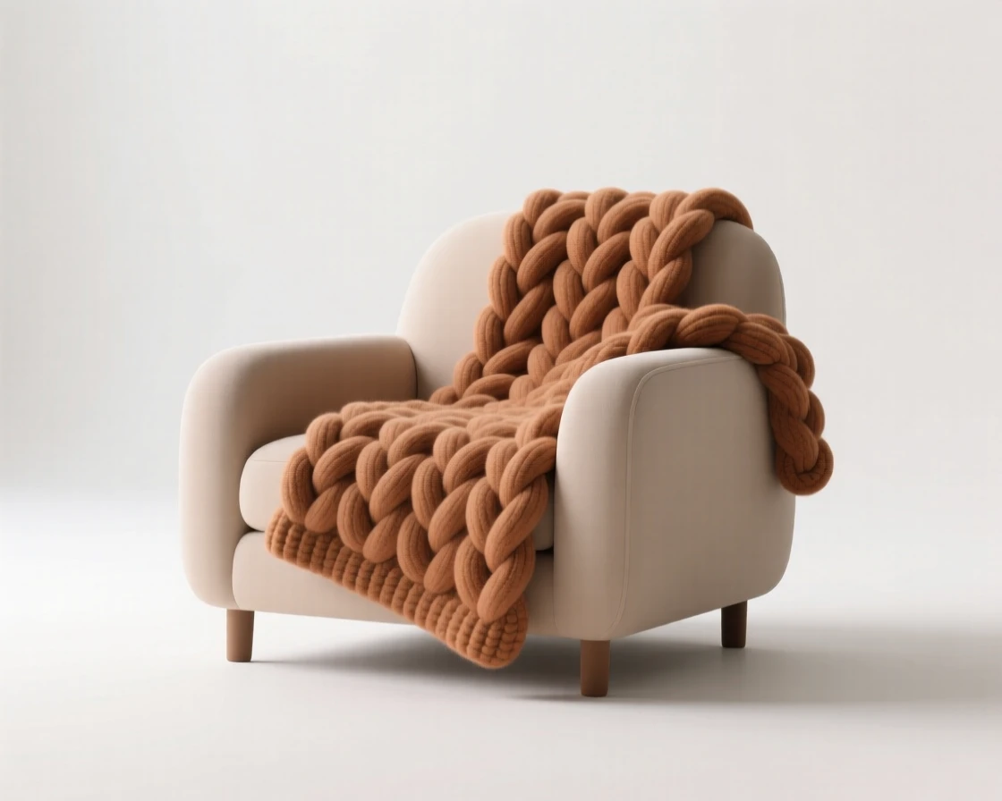 A cozy living room armchair filled with a knitted throw, set in a minimalist studio, evoking homey warmth.