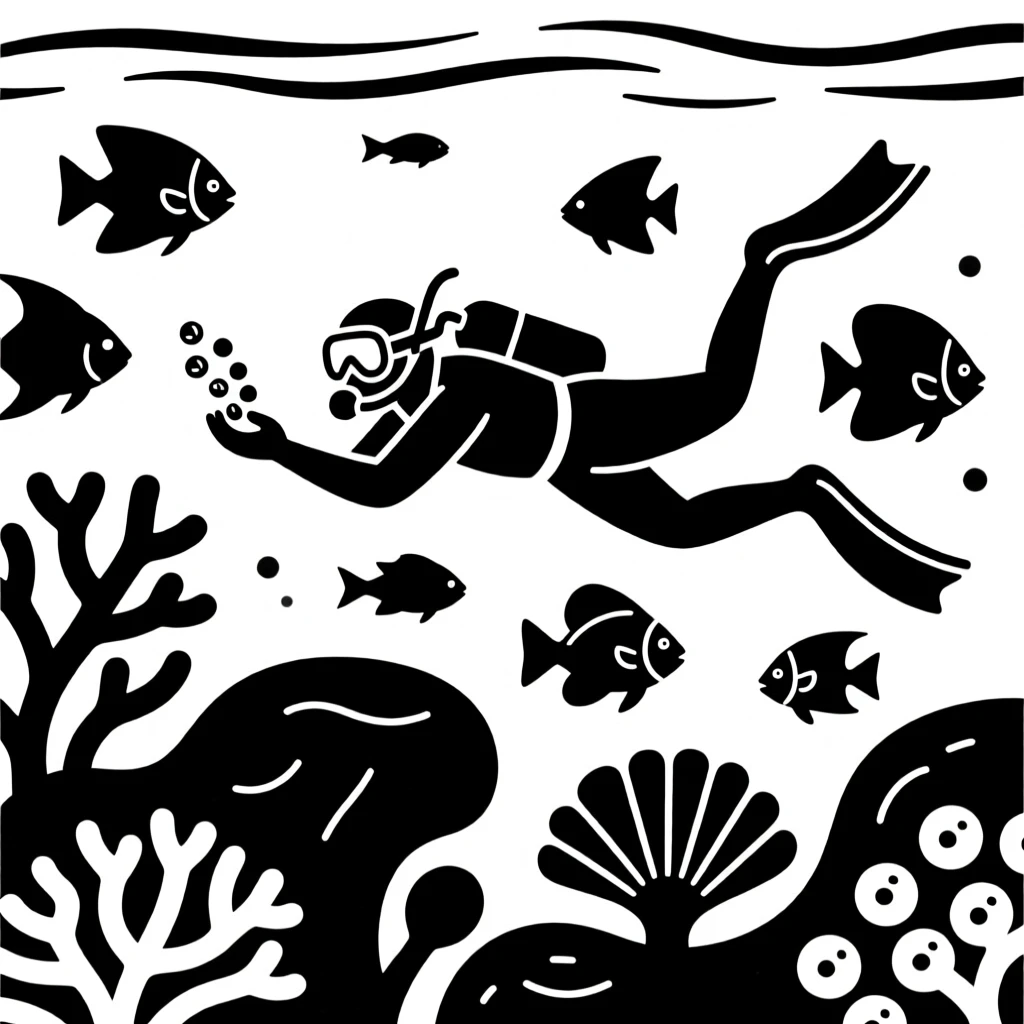 A diver feeding fish in a coral reef.
