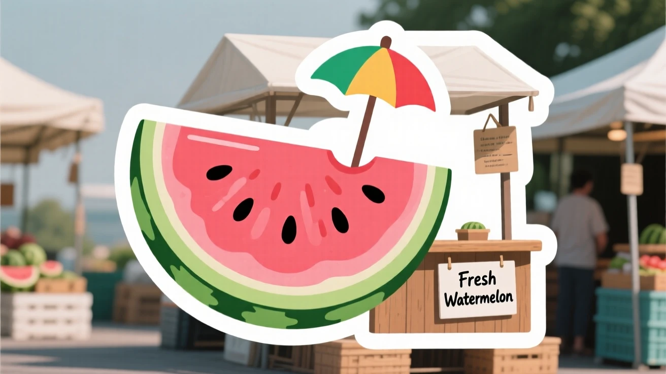 A cozy and comforting juicy watermelon slice, with a small flag or umbrella decoration on top, at an outdoor market stall.