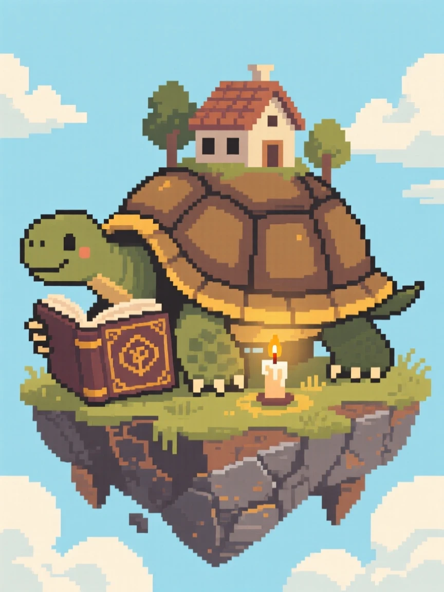 A giant turtle carrying a village on its shell reading an old spellbook by candlelight, atop a floating island surrounded by clouds.