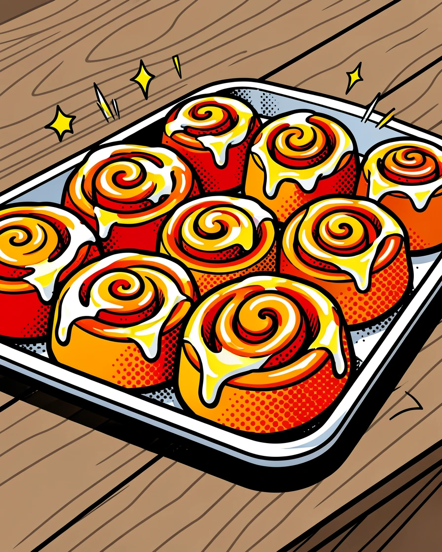 A tray of freshly baked cinnamon rolls with icing presented beautifully on a rustic wooden table