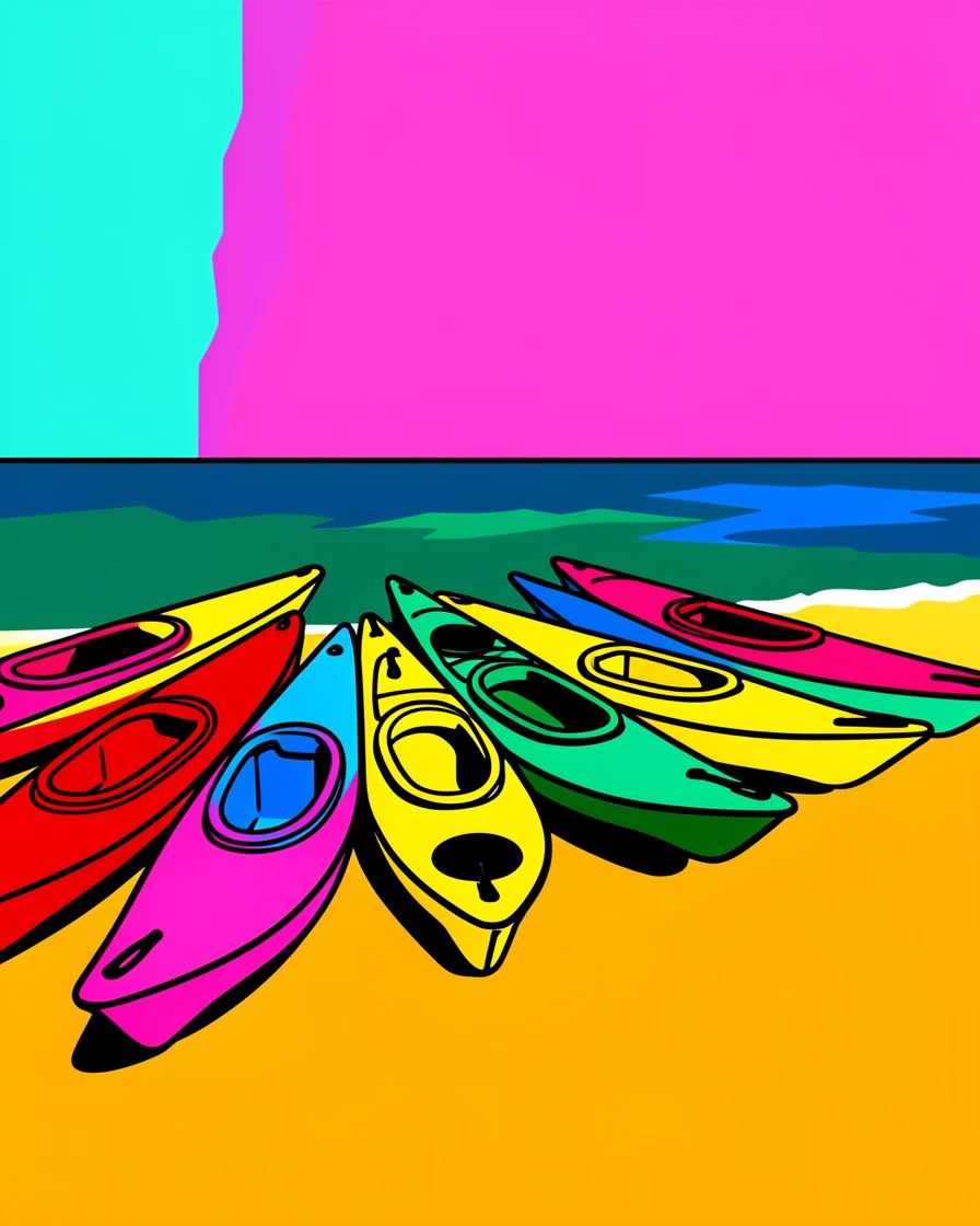 Tropical beach with colorful kayaks lined up