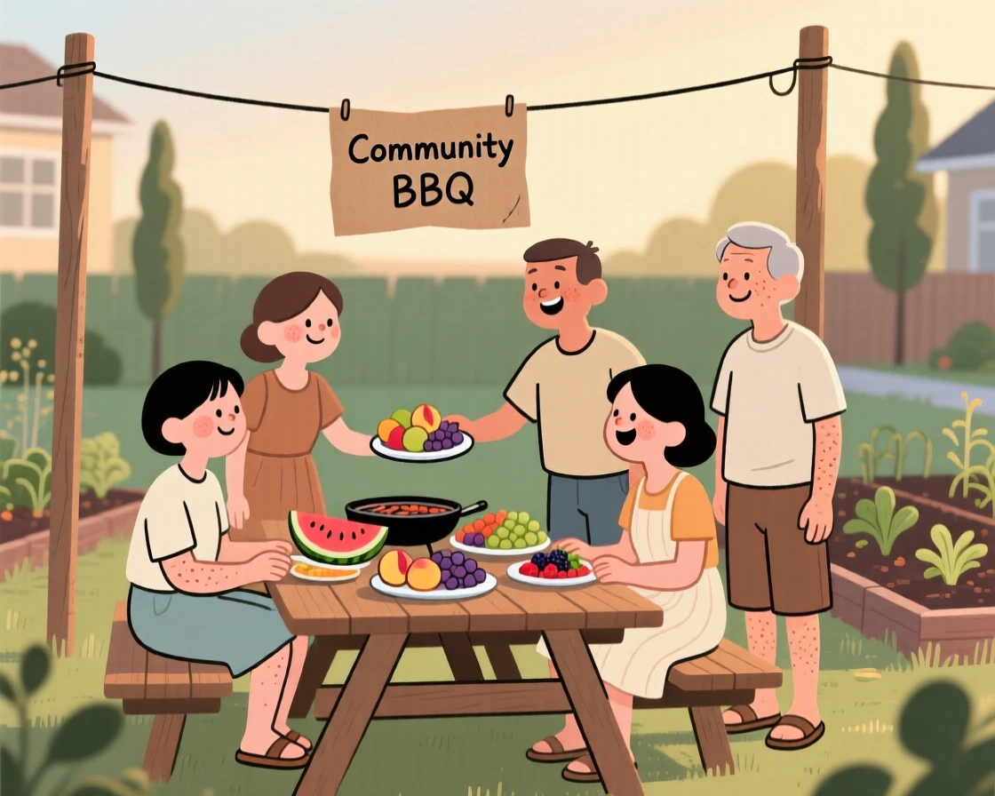 Neighbors gather for a summer barbecue in the community garden, sharing platters of fruit and conversation as laughter fills the warm evening air.