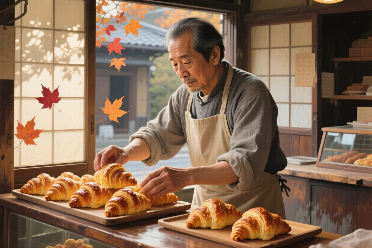 A close-up portrait of a baker arranging golden croissants in a sunlit shop window, in old Kyoto, amid swirling autumn wind.