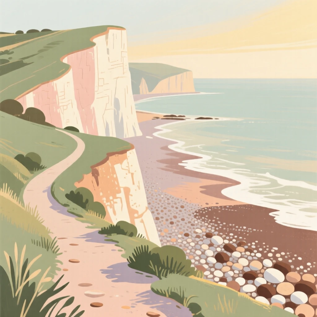 A coastal path along chalk cliffs overlooking a pebble beach