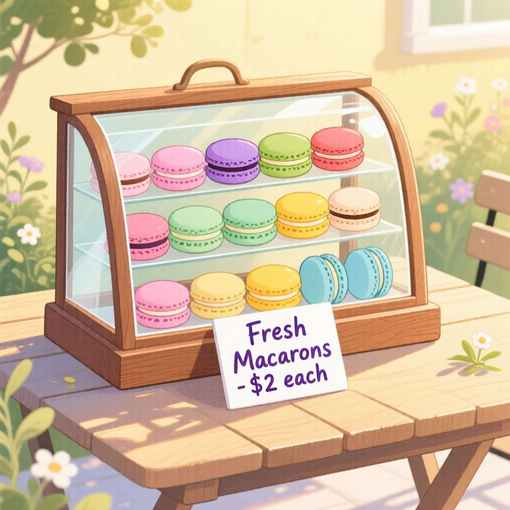 A display case full of colorful macarons, arranged invitingly on a sunny table.