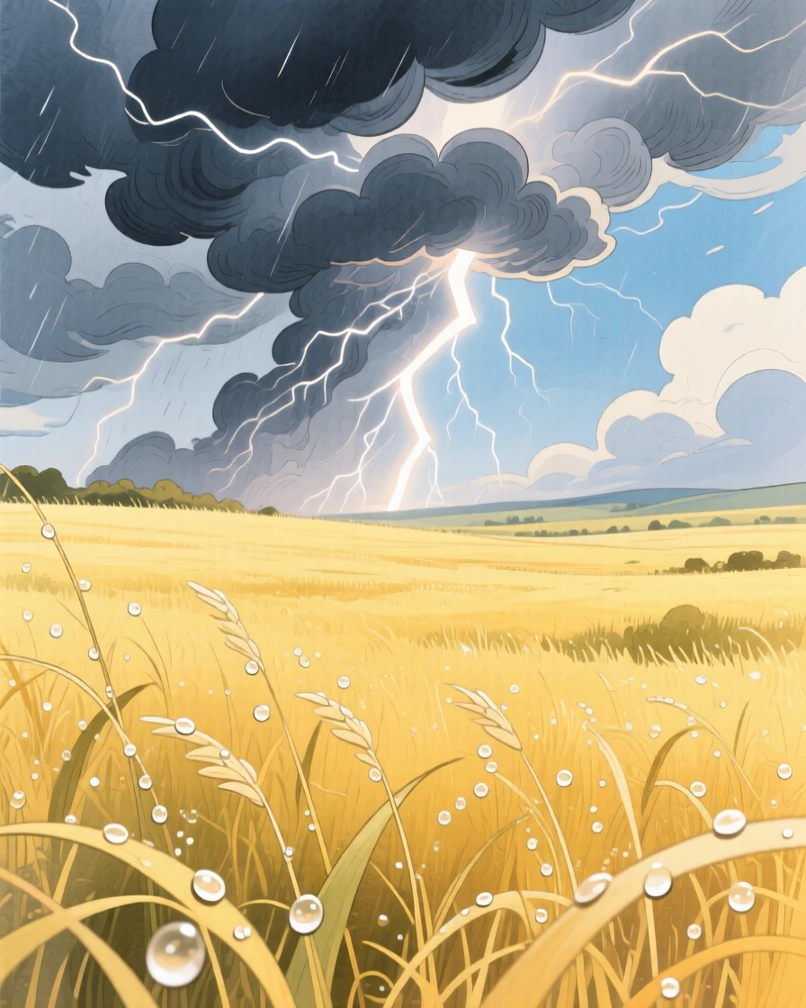 A dramatic thunderstorm rolling over golden prairie grass, with morning dew glistening on the grass, inspiring a sense of calm and wonder.
