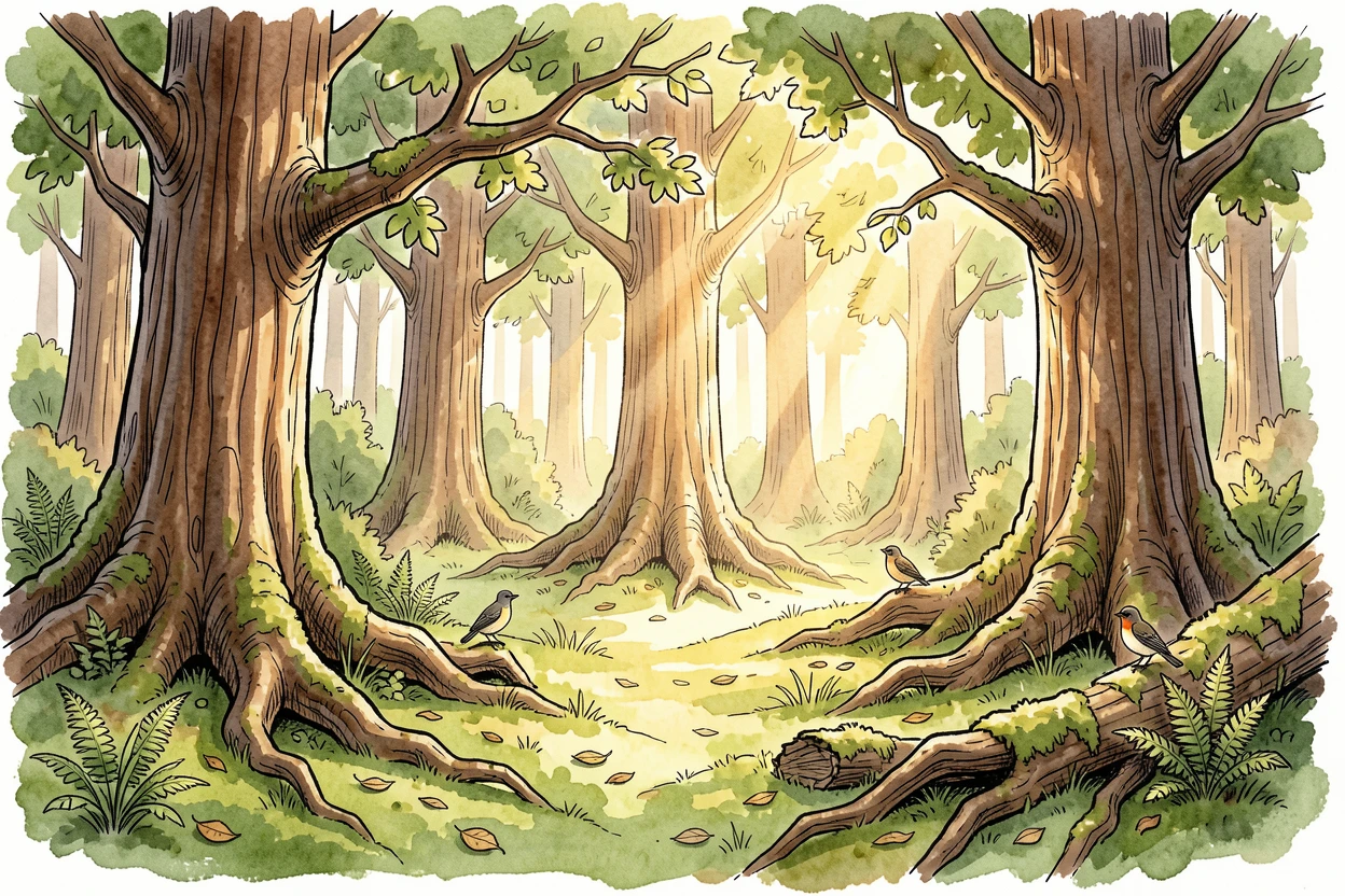 A sunlit clearing in an old growth forest carpeted with soft green moss, birdsong drifting through the stillness of early morning.