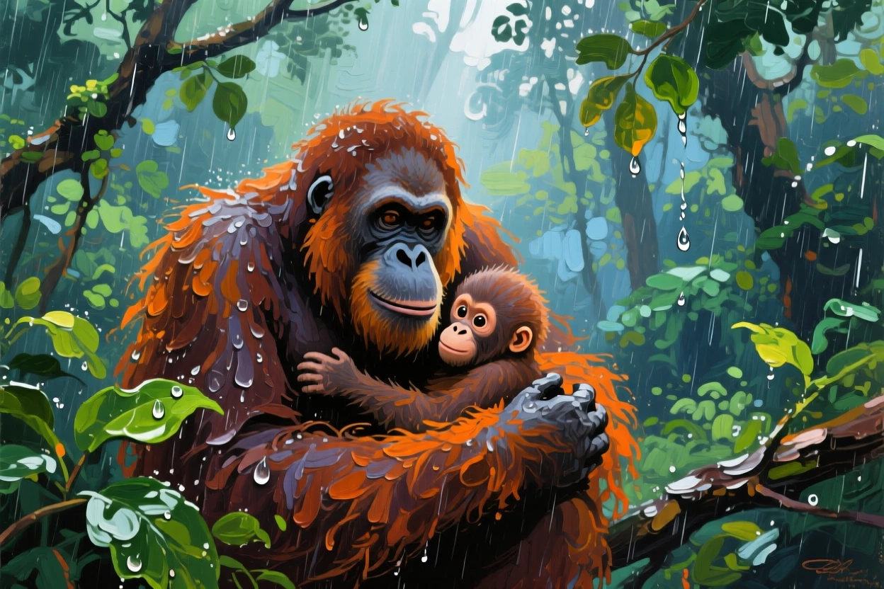 an orangutan cradling its infant in rainforest branches, during the first rain of the season, with a balanced, spacious view of the surroundings.