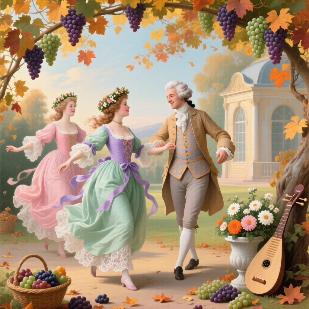 An autumn harvest dance beneath a canopy of grapevines  