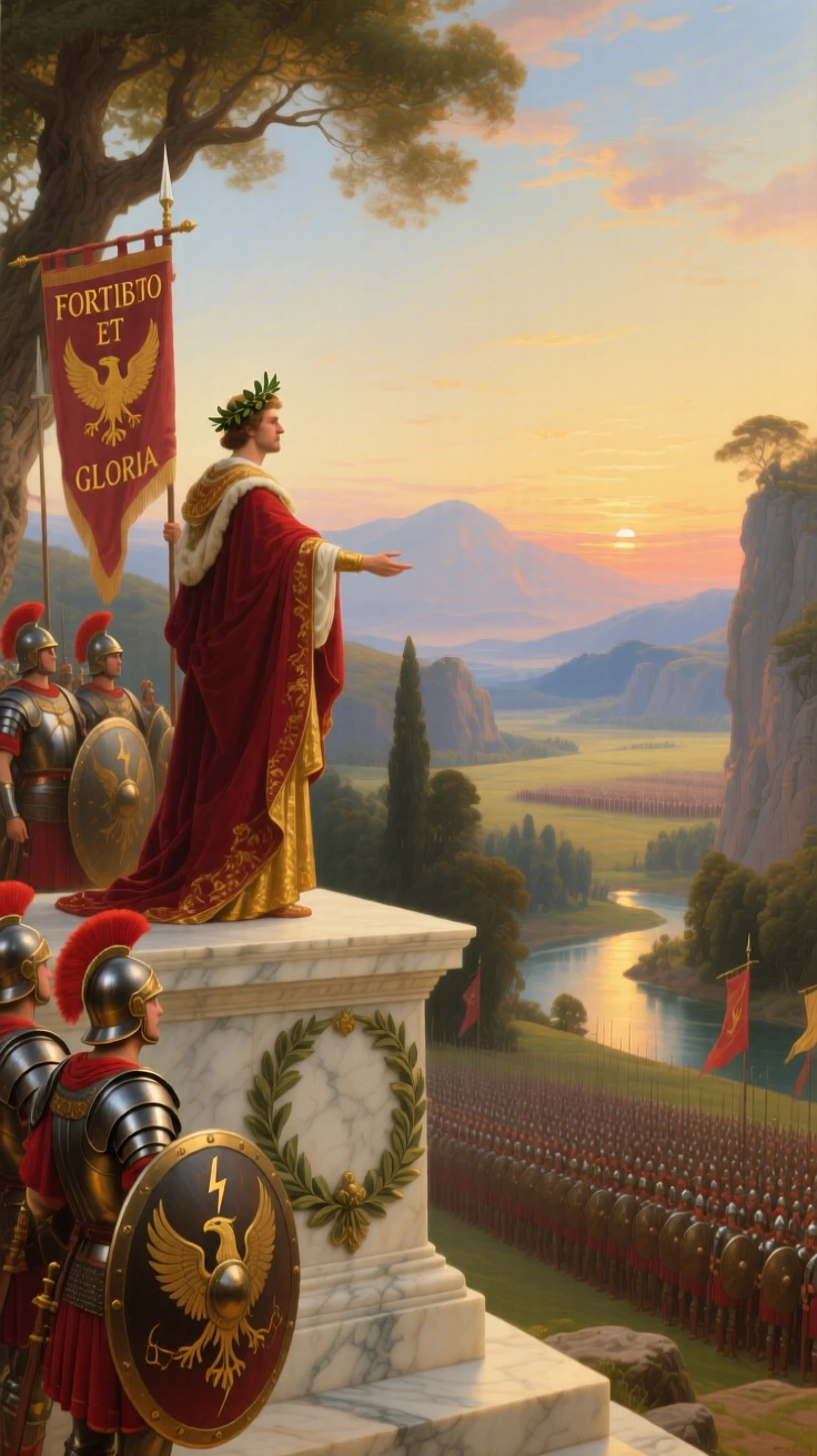 An emperor reviews his legions from atop a marble platform.