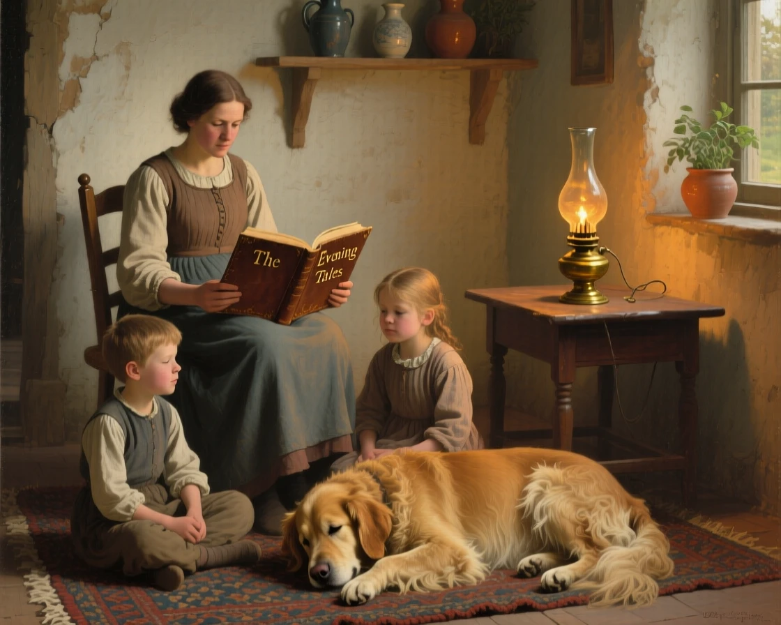 A mother reading a bedtime story to her children under soft lamplight, with a beloved family pet joining in the moment, offering a heartwarming glimpse into ordinary, meaningful moments