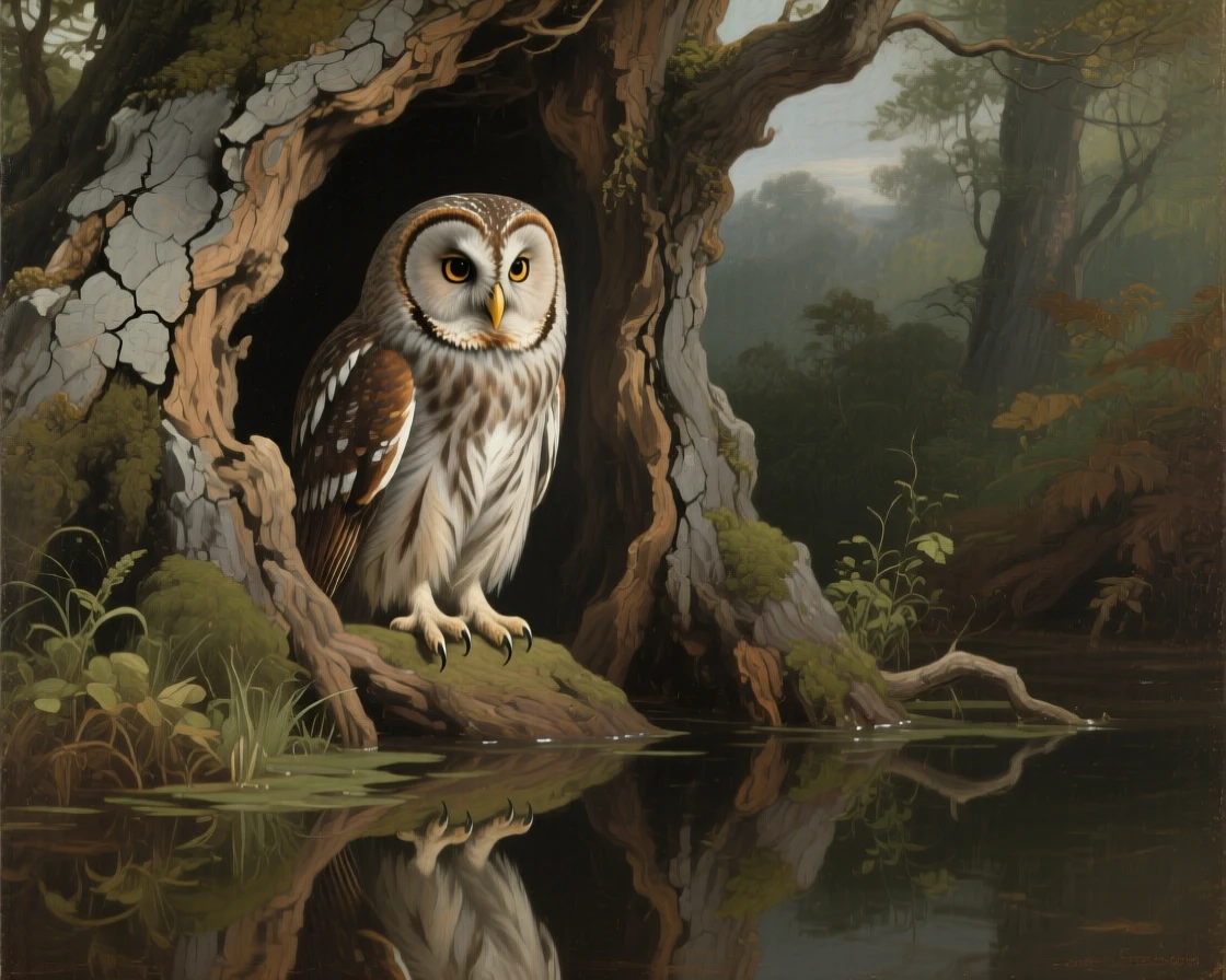 A wise old owl perched silently in an ancient hollow tree as instinct and elegance move in perfect harmony, set within an untouched wilderness far from human hands, with reflections in still water doubling the beauty of the moment; a low, respectful vantage point lends the creature quiet majesty, suggesting the timeless harmony between nature and spirit.
