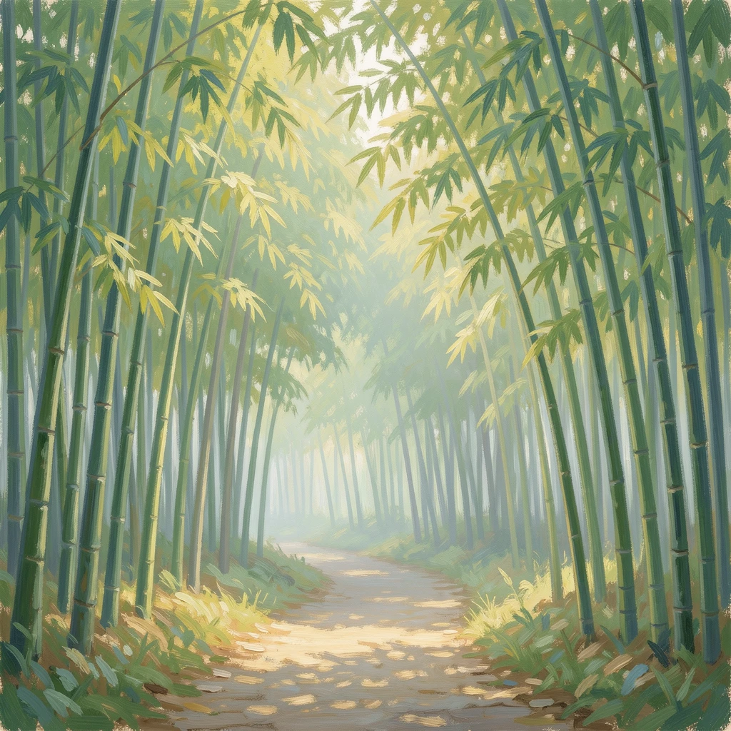 A quiet Kyoto bamboo grove path where morning light filters in narrow green shafts.