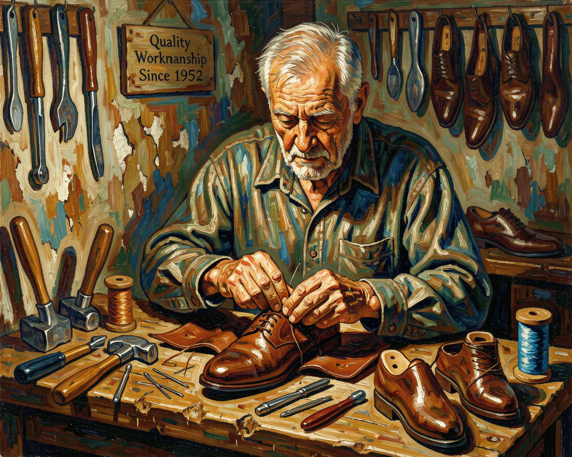 An old shoemaker carefully stitching leather at his workbench surrounded by tools.