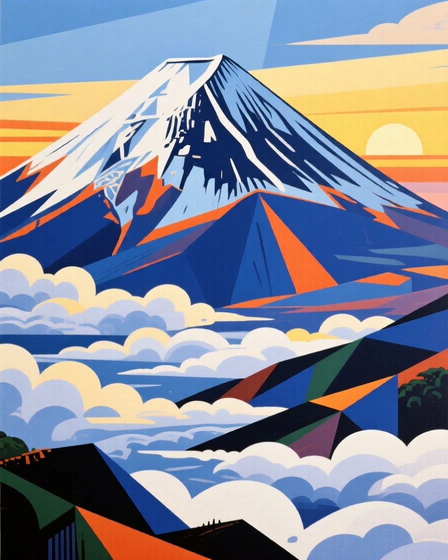 Mount Fuji rising above a sea of clouds at first light.