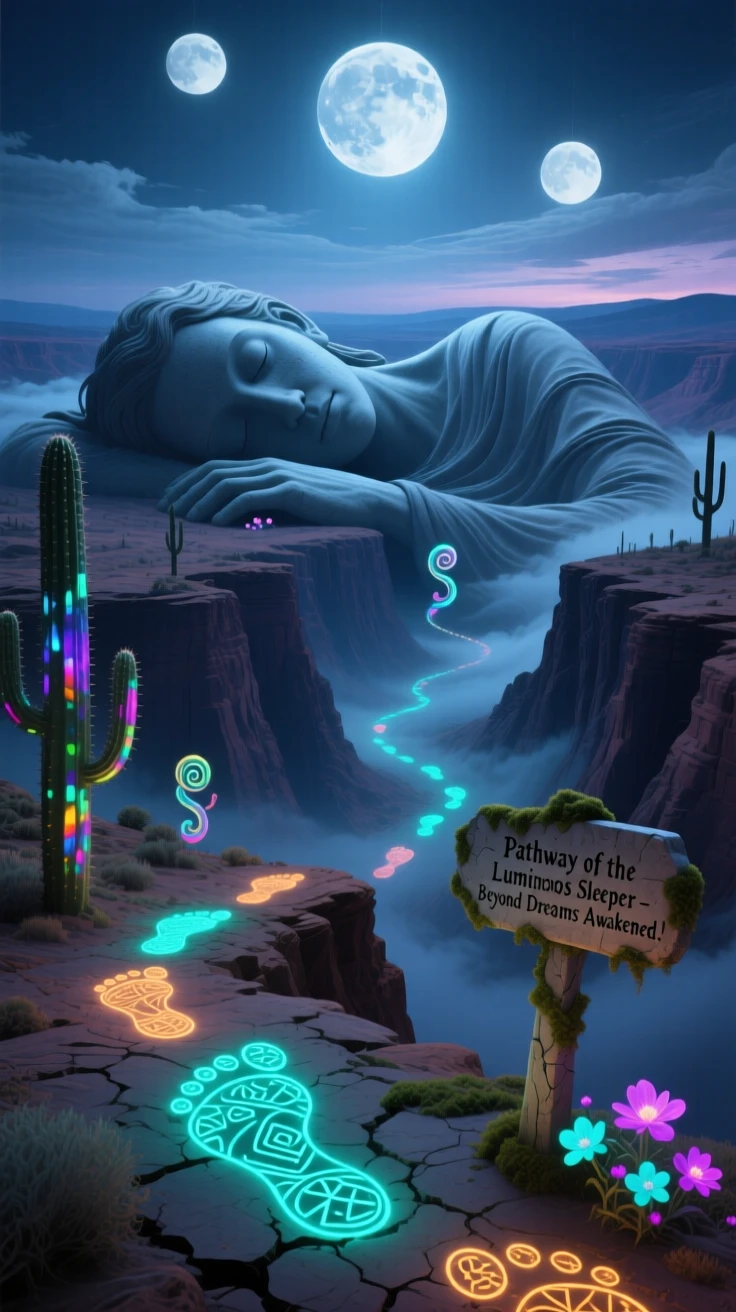 A canyon carved into the shape of a giant sleeping figure lies silent under the pale glow of three distant moons, while a trail of glowing footprints marks a path forward.