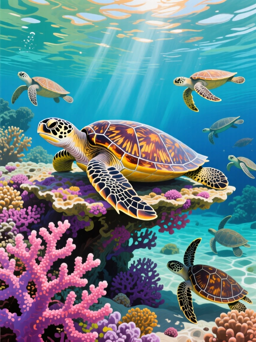 A hawksbill turtle rests on a vibrant coral shelf, its patterned shell blending beautifully with the surrounding pink and purple coral formations, other members of its group visible nearby, reinforcing the social nature of the scene.