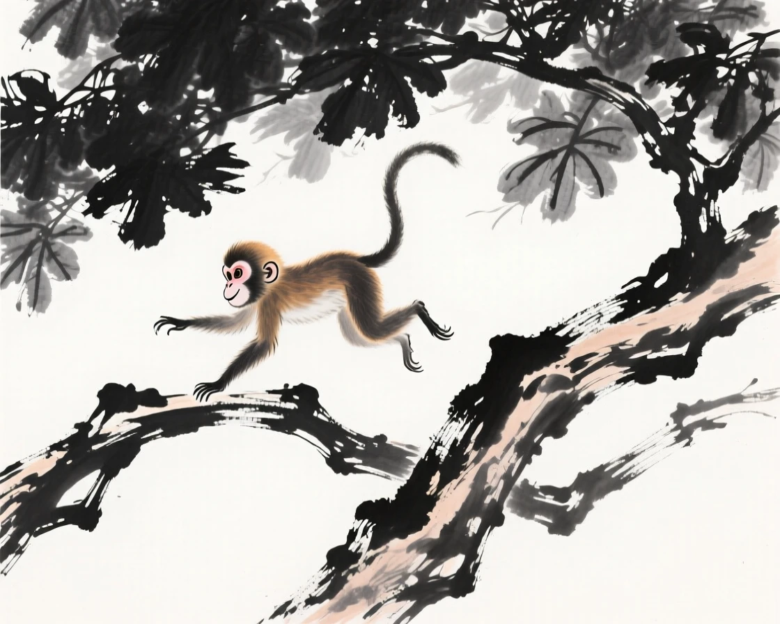 A young monkey leaps between two swaying branches, beneath a canopy of dense green leaves.