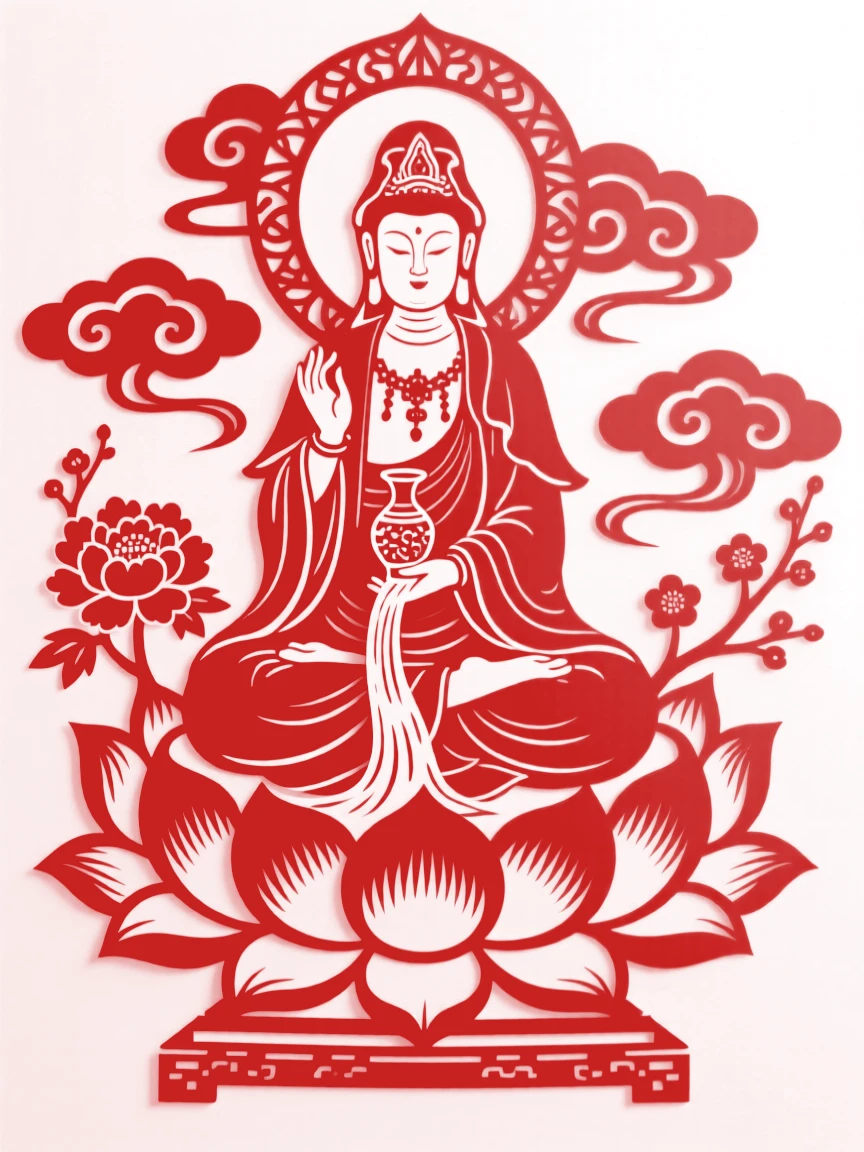 Guanyin seated on a lotus throne pouring a stream of blessing from a vase, surrounded by soft clouds