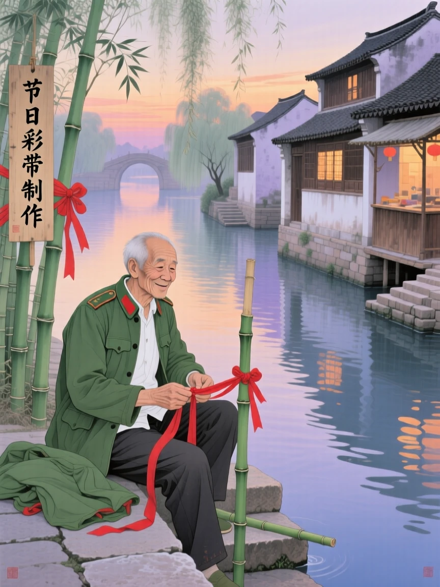 A retired soldier preparing for tomorrow's festival beside a slow-moving canal at dusk
