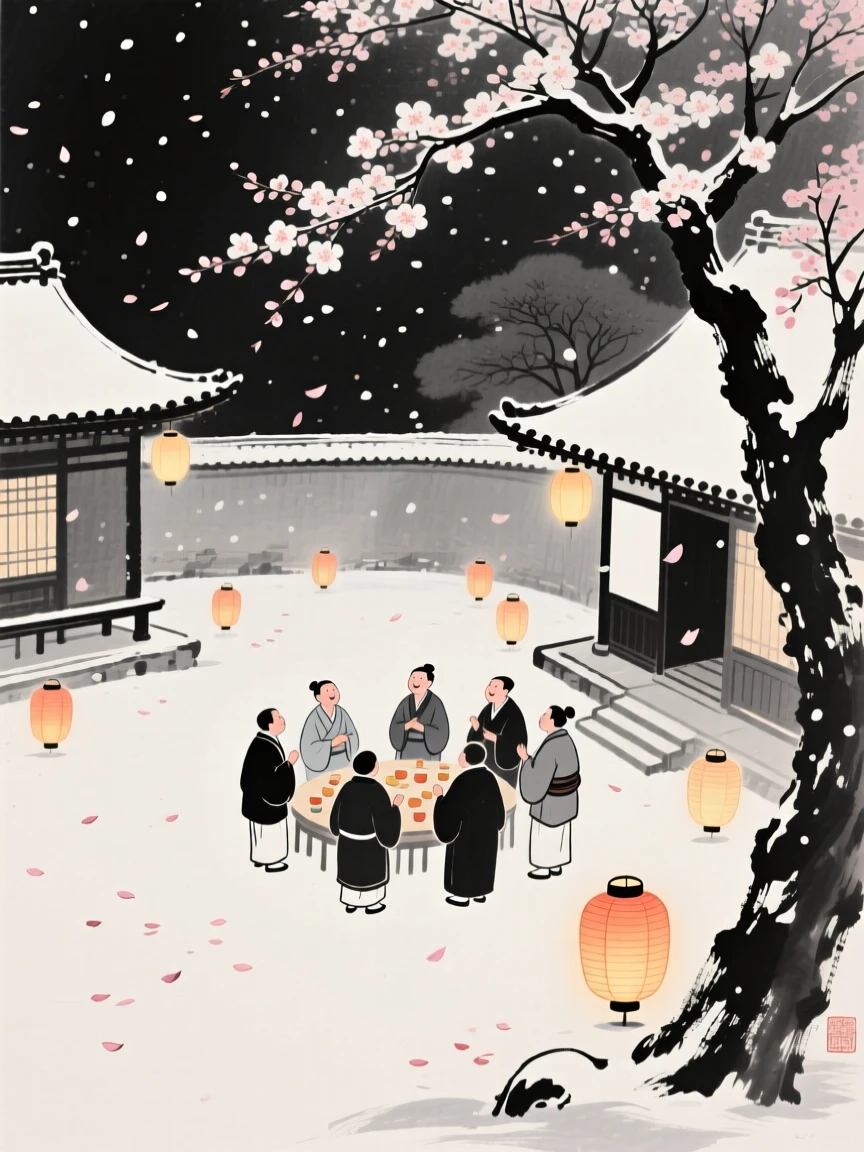 A New Year gathering with lanterns lit along a courtyard beneath a canopy of blossoming trees, framed through drifting petals or falling snow for depth, carrying a joyful yet peaceful atmosphere.