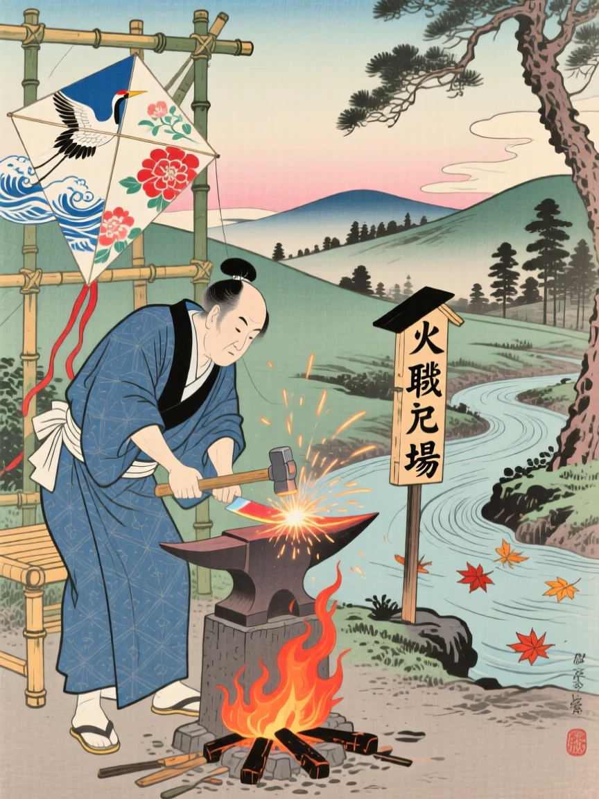 A kite maker hammering a glowing blade at a roaring forge.