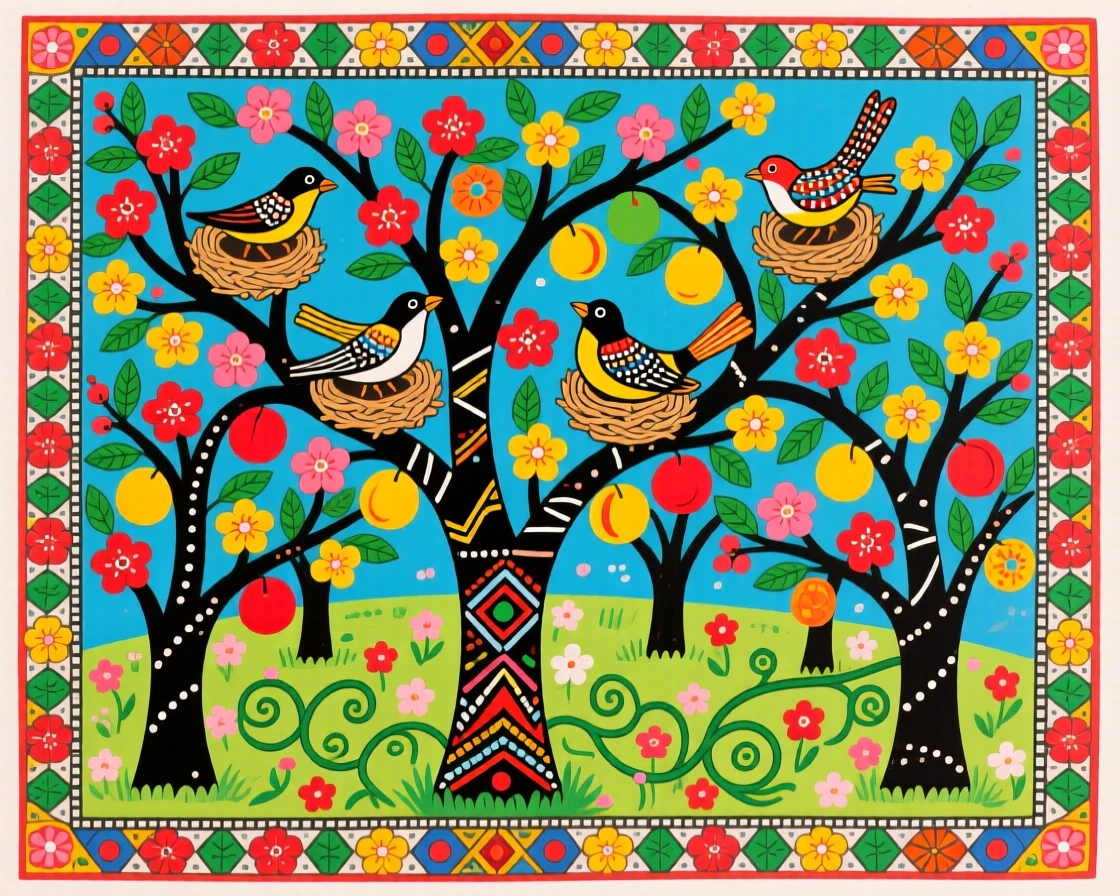 Spring blossoms opening across an orchard as birds return to nest.