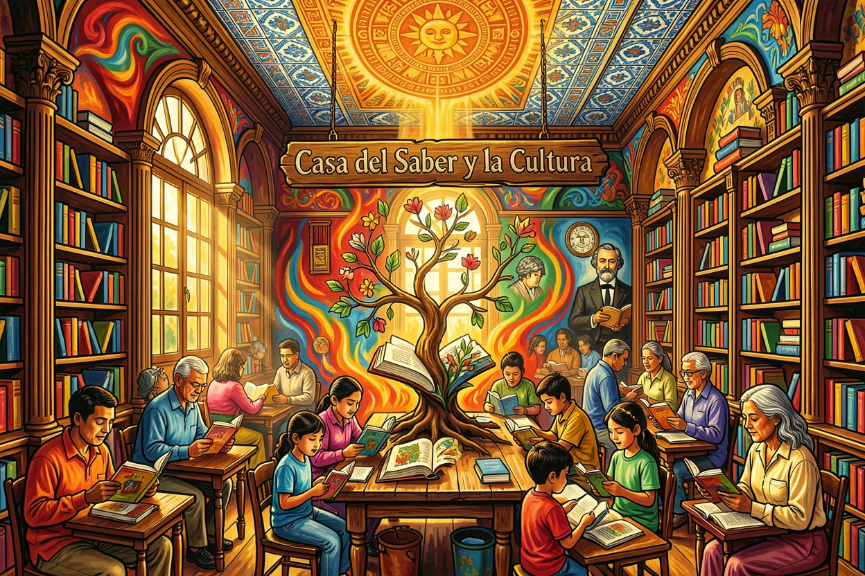 A grand library reading room filled with golden light