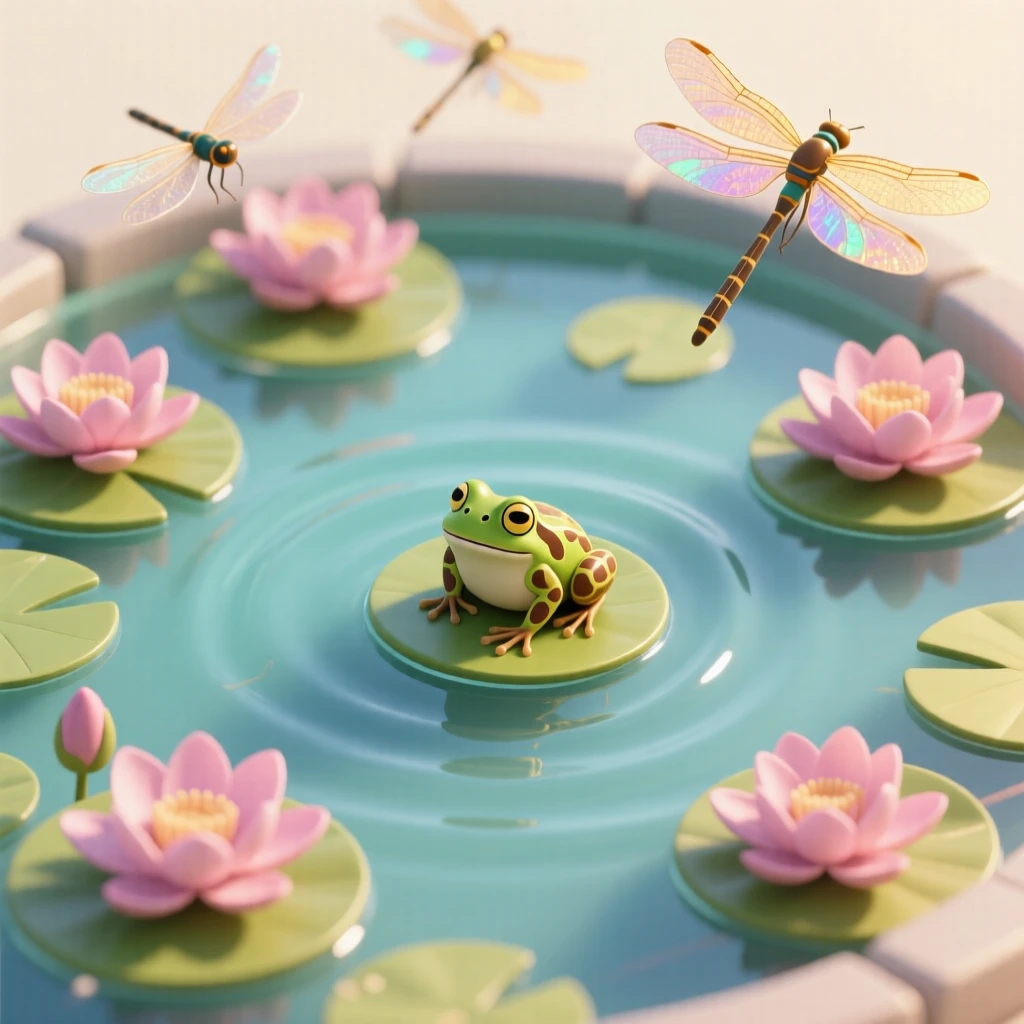 A quiet lily pond in full bloom, dragonflies hovering above pink blossoms, and a frog perched on a lily pad in the golden light.