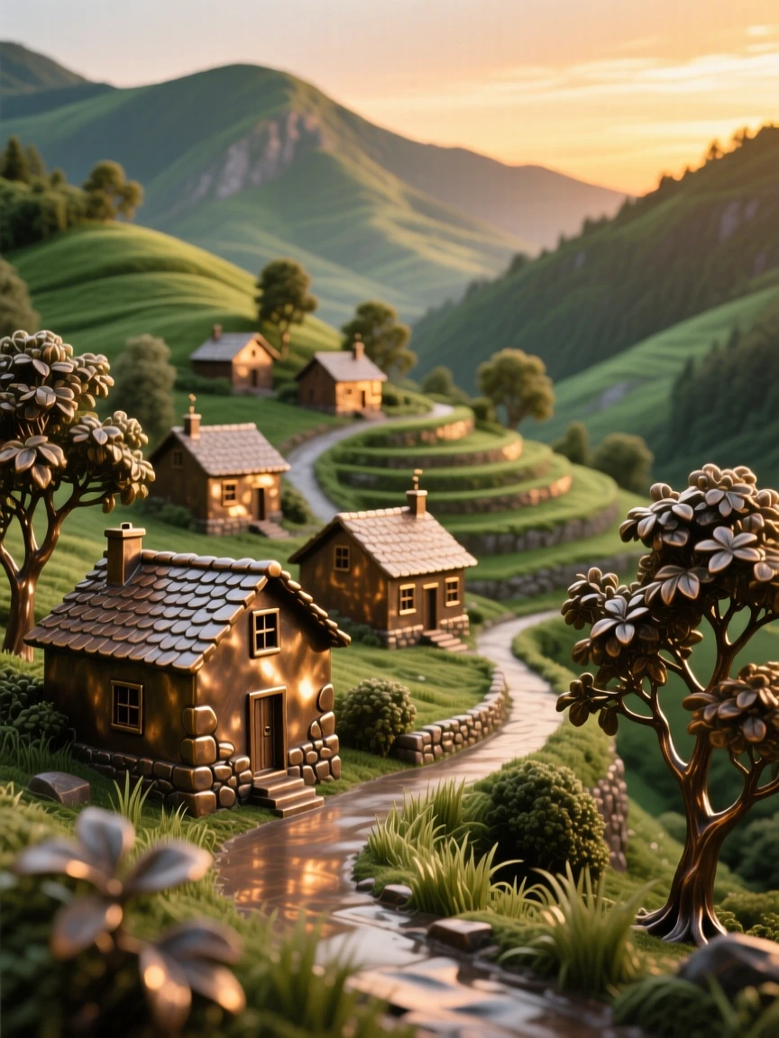 A quiet mountain village nestled among green hills, bathed in the warm hues of golden hour, offering a breathtaking sense of place