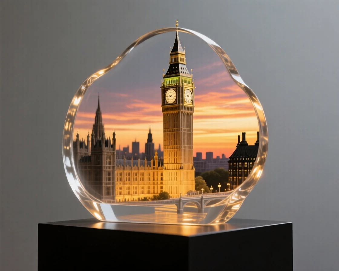Big Ben and the London skyline at twilight, viewed from a dramatic low angle under a vivid sunset sky, warm golden light highlighting every architectural detail, awe-inspiring and grand.