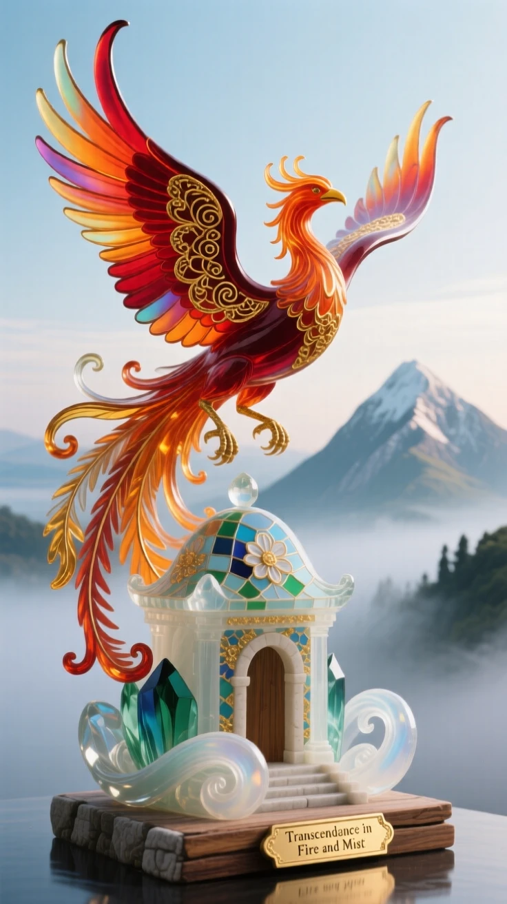 A phoenix soaring above a sacred mountain shrine wrapped in morning mist, transcendent and peaceful.