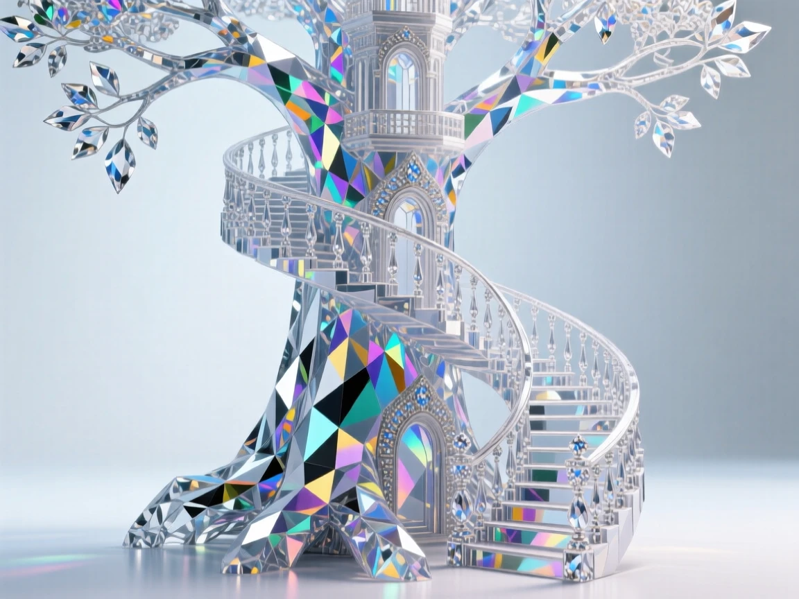 A colossal tree fortress with spiraling staircases carved into its massive trunk.