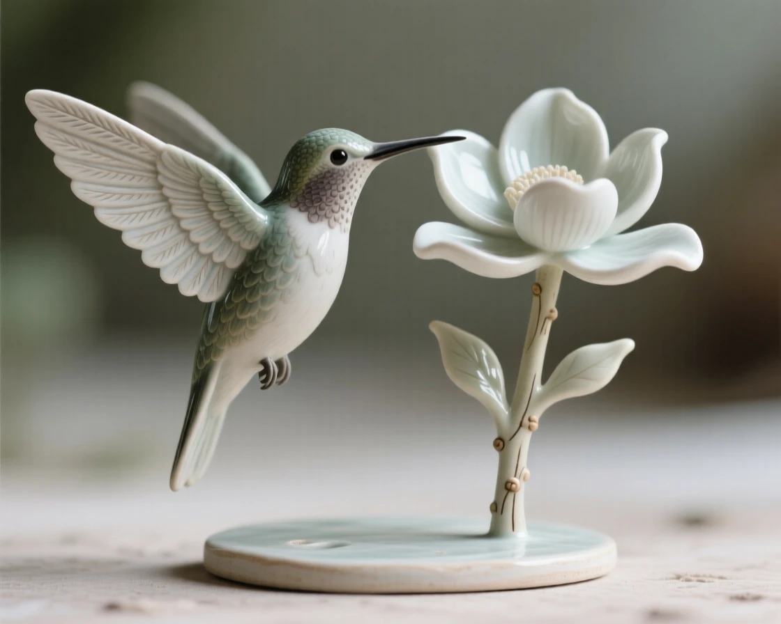 A hummingbird hovering beside a blossom standing proudly with plumage on full display, outlined against a soft-focus natural backdrop, radiating delicate, fleeting beauty.