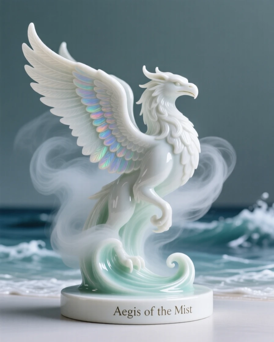 A majestic griffin emerging from a swirling sea mist, scales shimmering with iridescent color.