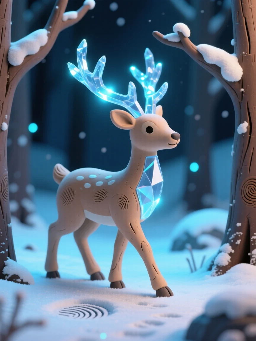 A crystal stag walking through a glowing winter forest