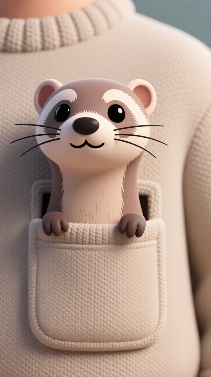 A curious ferret pokes its head out of a cozy sweater pocket, whiskers twitching with excitement.