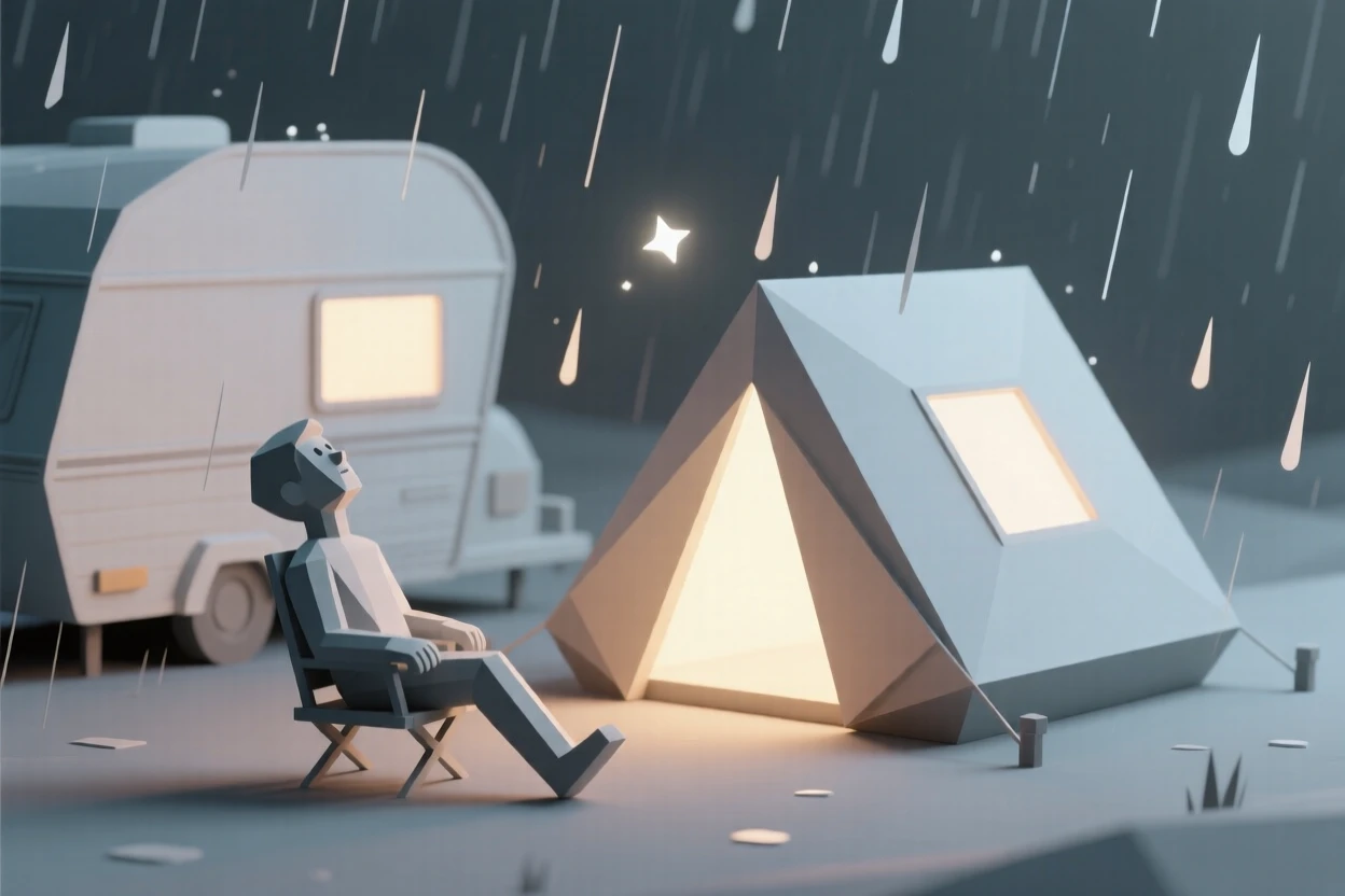 A camper stargazing beside a glowing tent, on a quiet rainy afternoon. dynamic motion is captured with a clear sense of energy. A quiet passion fills the moment.