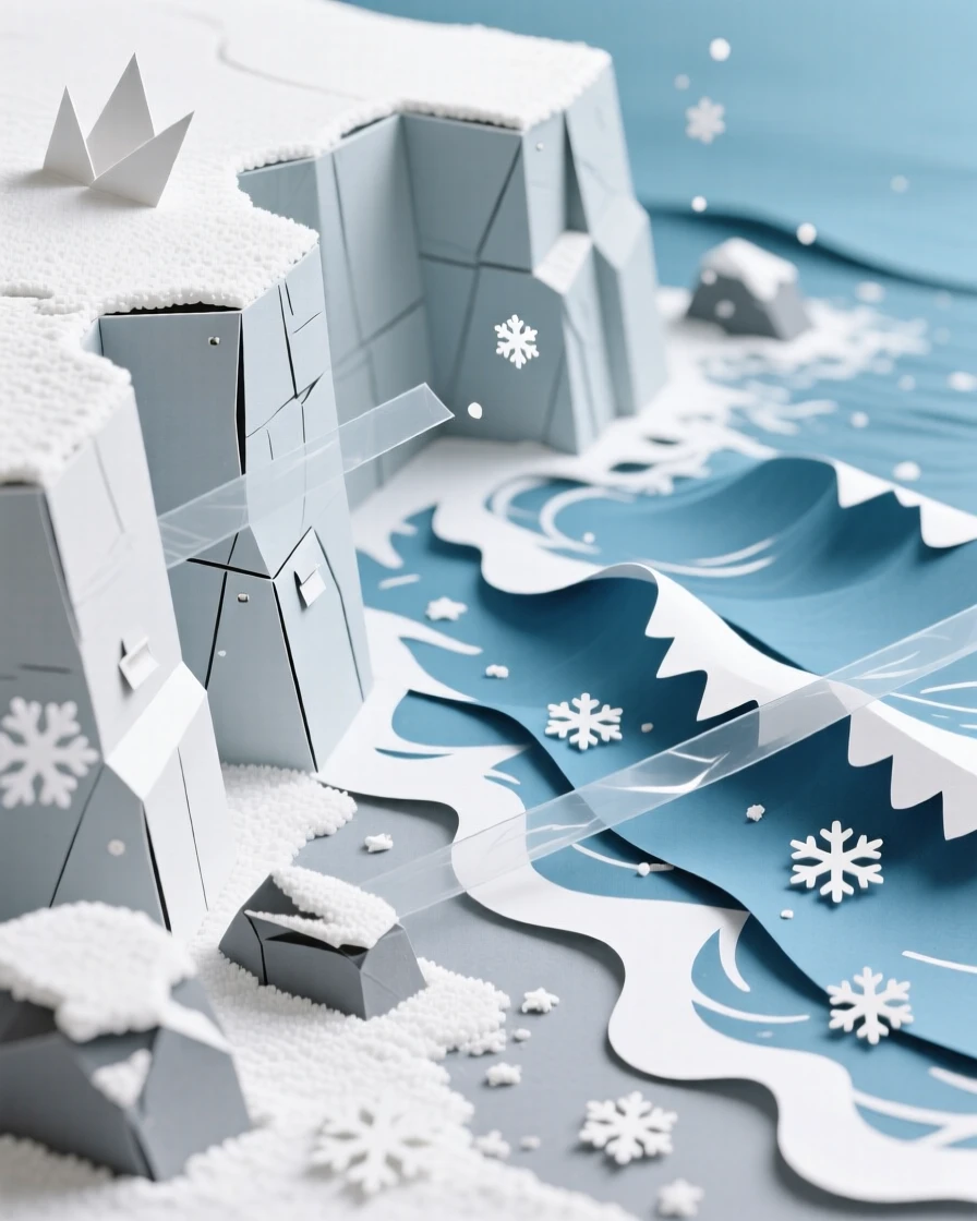 A chalk cliff coastline above crashing waves during a gentle snowfall, with fresh snow blanketing every surface, conveying the quiet power of the natural world.