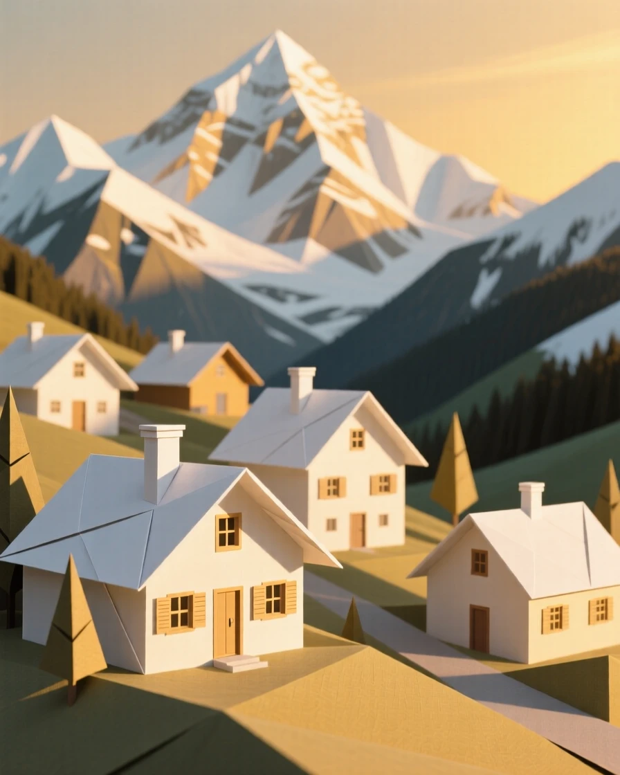 A traditional Swiss alpine village nestled beneath snow-capped peaks in golden afternoon light.
