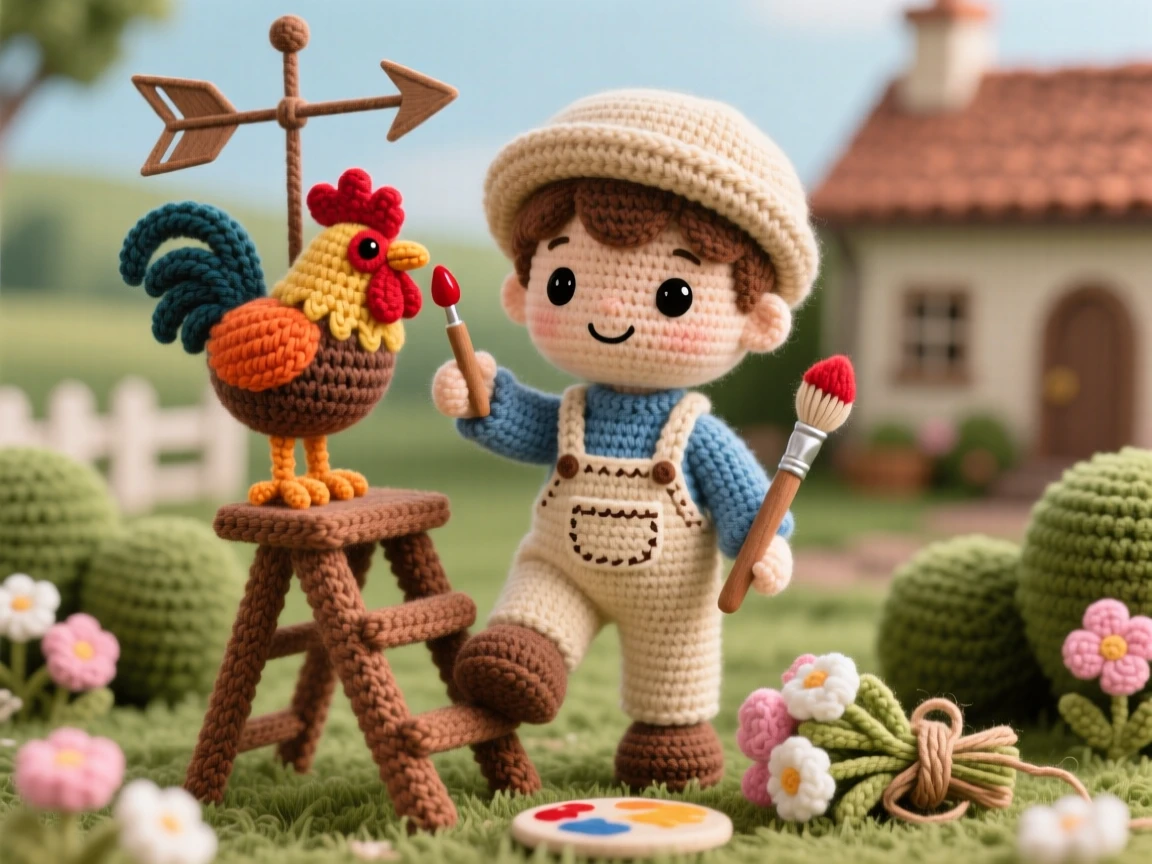 a small boy weather vane painter, perched on a small ladder, touching up the paint on a rooster weathervane, in a quiet countryside cottage garden, with a bundle of fresh flowers tied with twine nearby, conveying a nostalgic, storybook warmth.