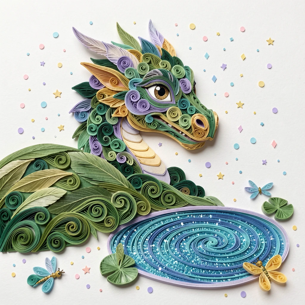 a picture-book dragon peeking shyly from behind a hill, beside a sparkling toy pond, composed with a fun, exaggerated sense of scale, with confetti-like sparkles throughout the scene.