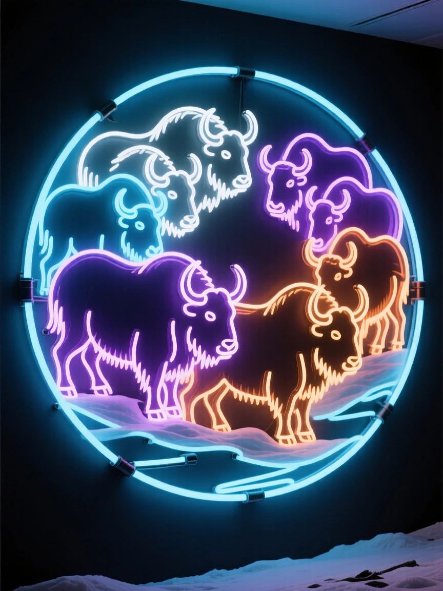 A herd of muskoxen forming a defensive circle on the tundra.