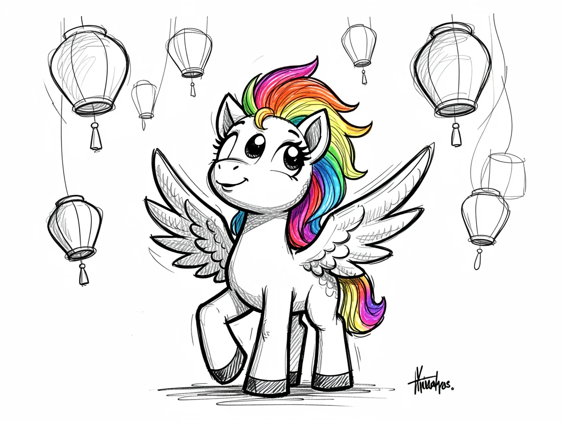 A rainbow-maned pegasus foal under a sky full of floating lanterns.