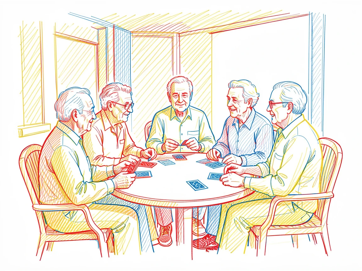 A group of elderly friends playing cards together on a shaded porch